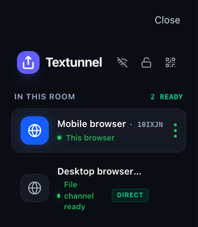 Textunnel device panel showing a connected peer and File channel ready